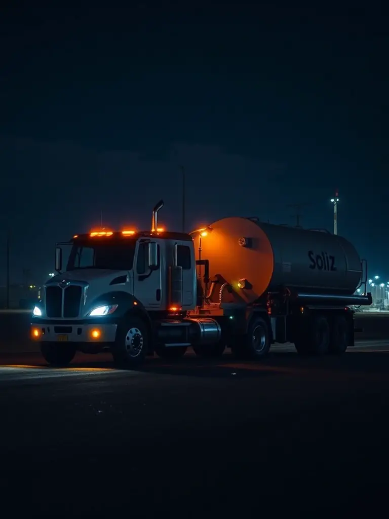A nighttime shot of a Soliz Optimum truck delivering water to a fracking site, highlighting our 24/7 availability.